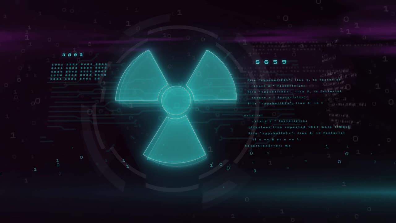 초록색 핵 표지판의 애니메이션과 검은색 배경의 장애와 함께 데이터 처리