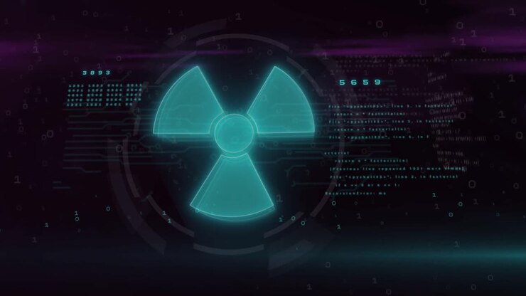Animation of green nuclear sign and data processing with glitch over black background