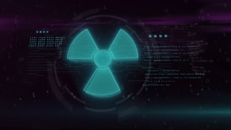 animación del signo nuclear verde y procesamiento de datos con fallo sobre fondo negro