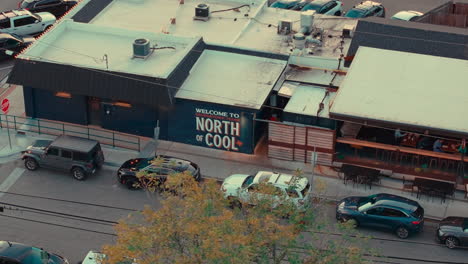 Aerial-drone-shot-of-Mural-on-Main-Street-in-small-town-Georgetown-Texas