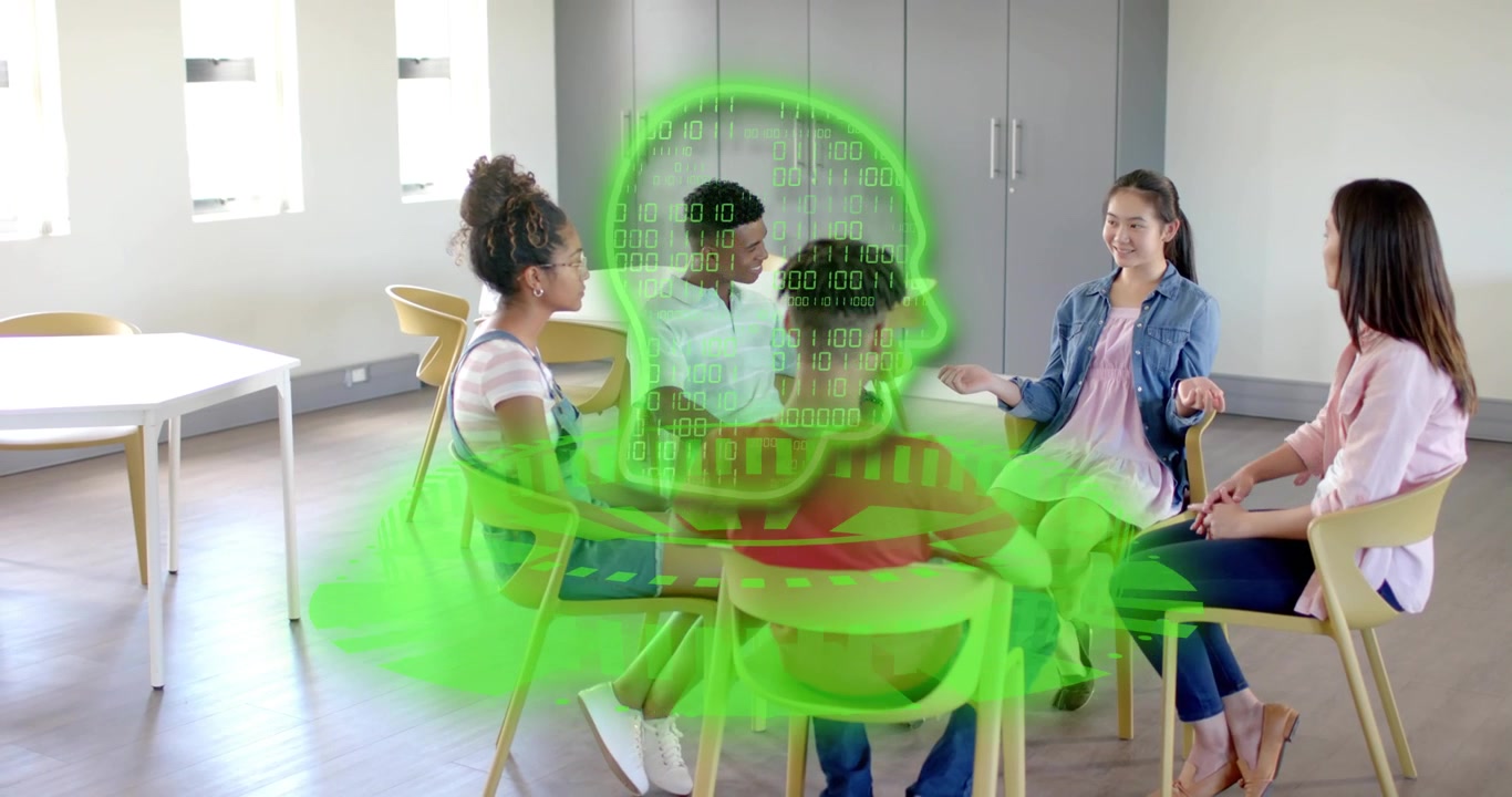 Five-person group sitting at wooden table engaging as green holographic brain pulsing in education