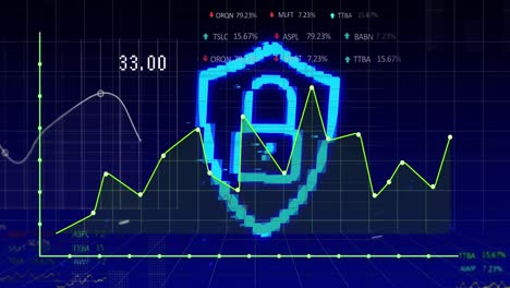 animation of graphs, financial data and digital padlock on navy background