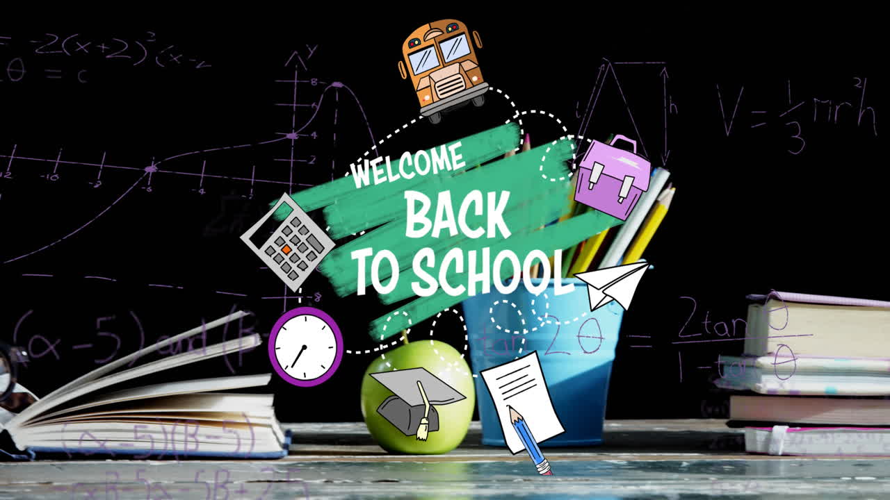 Welcome back to school text against apple, stack of books and pencil stand