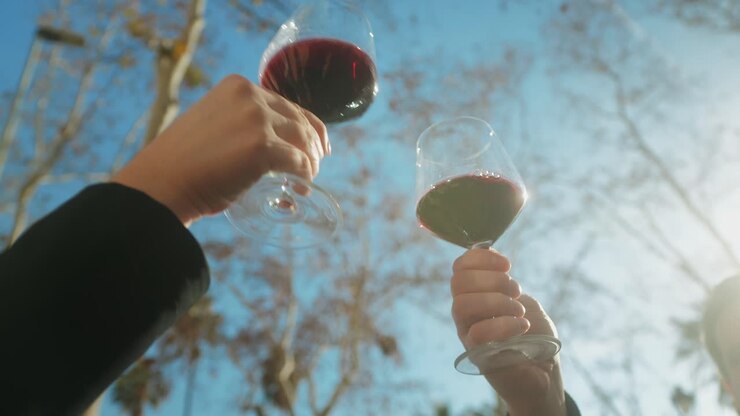 junge männer, die sich zusammen amüsieren, feiern und jubeln, rotwein trinken und im freien glas klingeln.