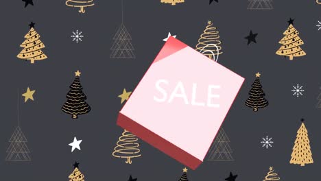 sale text on red shopping bag floating against christmas tree and stars icons in seamless pattern