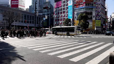 pedestrians and vehicles crossing a bustling city intersection.