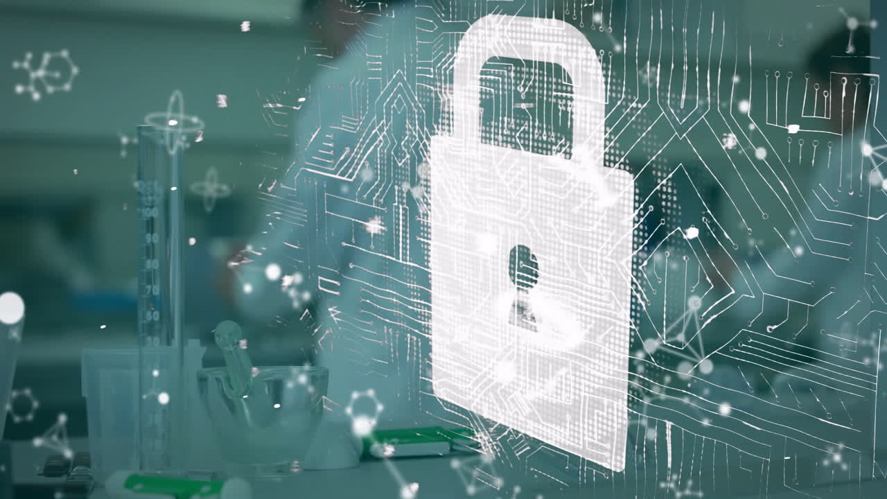 In laboratory, scientist working with animation overlay of circuit board and molecules