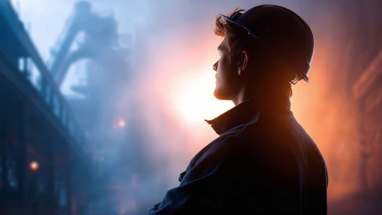 Lavoratore in ambiente industriale: Una silhouette che contempla il futuro in un contesto di fabbrica fumoso con luci brillanti sullo sfondo