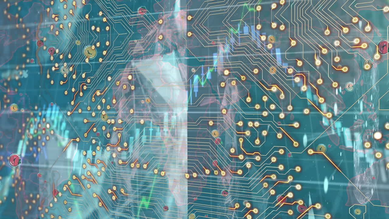 Animation of network of connections and shapes over blue background