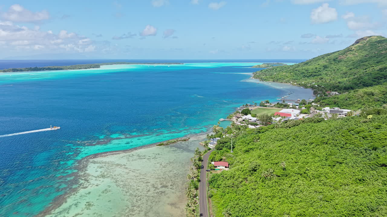 Bora Bora Island, French Polynesia, Drone Shot od Famous Lagoon and Coral Reefs Along Coastal Road
