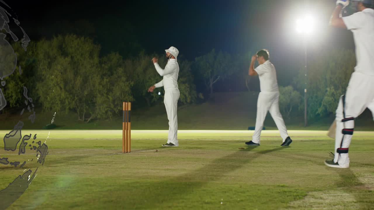Bowler løber og kaster på en oplyst cricketbane, batsman løber for at score, mens en globus dækker stumps