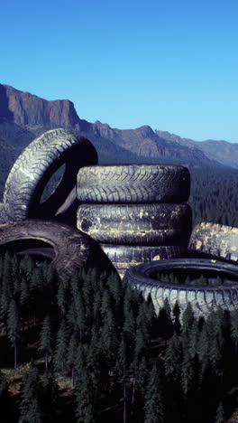 discarded tires create an unusual mountain formation in a serene forest