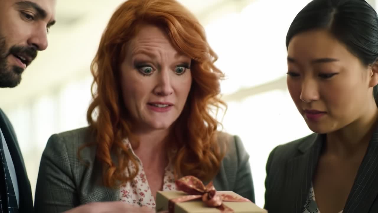 Three coworkers gather around to reveal a surprising gift. The woman with red hair displays a shocked reaction, while others look intrigued. Tension builds as they await the unveiling.