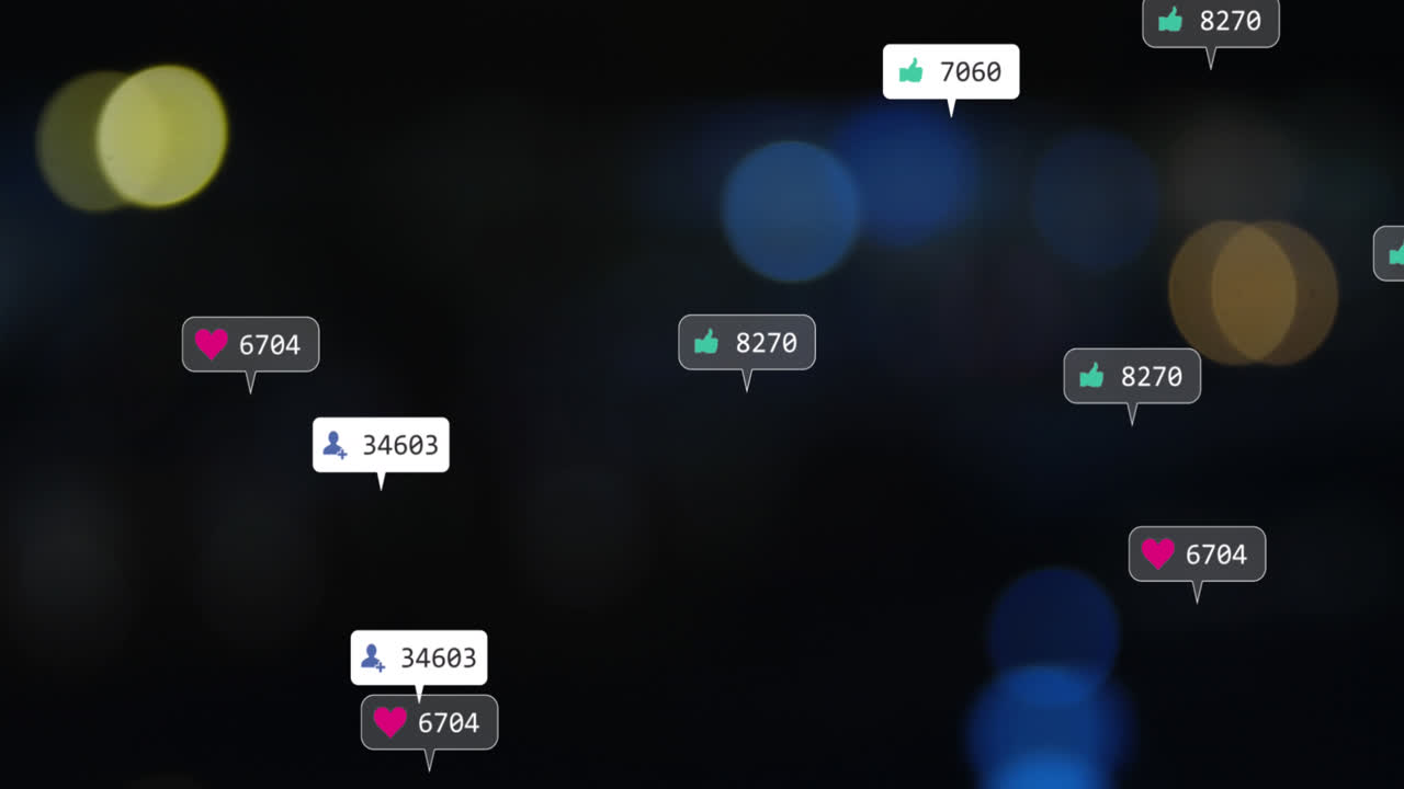 소셜 미디어 데이터 처리의 애니메이션이 초점 밖의 조명