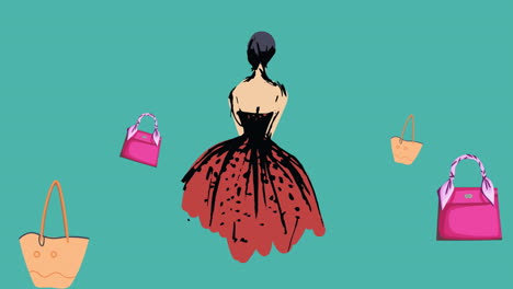 animación de iconos de bolso de mano y modelo sobre fondo verde