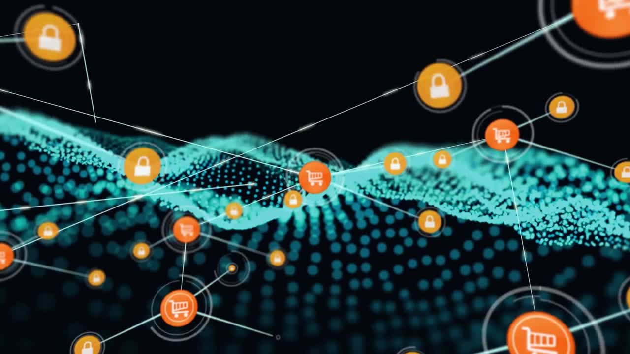 Animation of network of connections with digital icons over green mesh