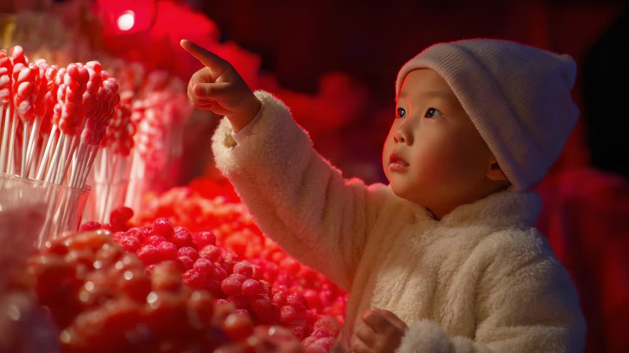 A Delightful Encounter: A Young Child in a Cozy White Sweater and Hat Points Excitedly at a Colorful Array of Candy at a Vibrant Market Stall Under Warm Lighting at Night