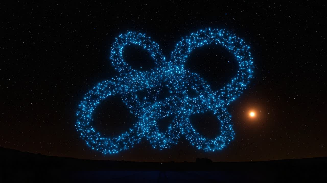 A Mesmerizing Display of Blue Lights Forming a Unique Pattern Against the Night Sky, Capturing the Beauty of Cosmic Creativity and Artistic Expression