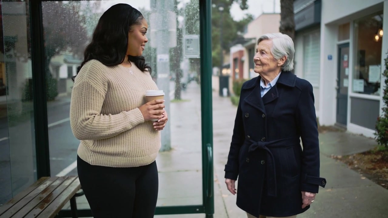 Noticing senior approaching, woman in sweater holding coffee, turning inside bus stop, greeting