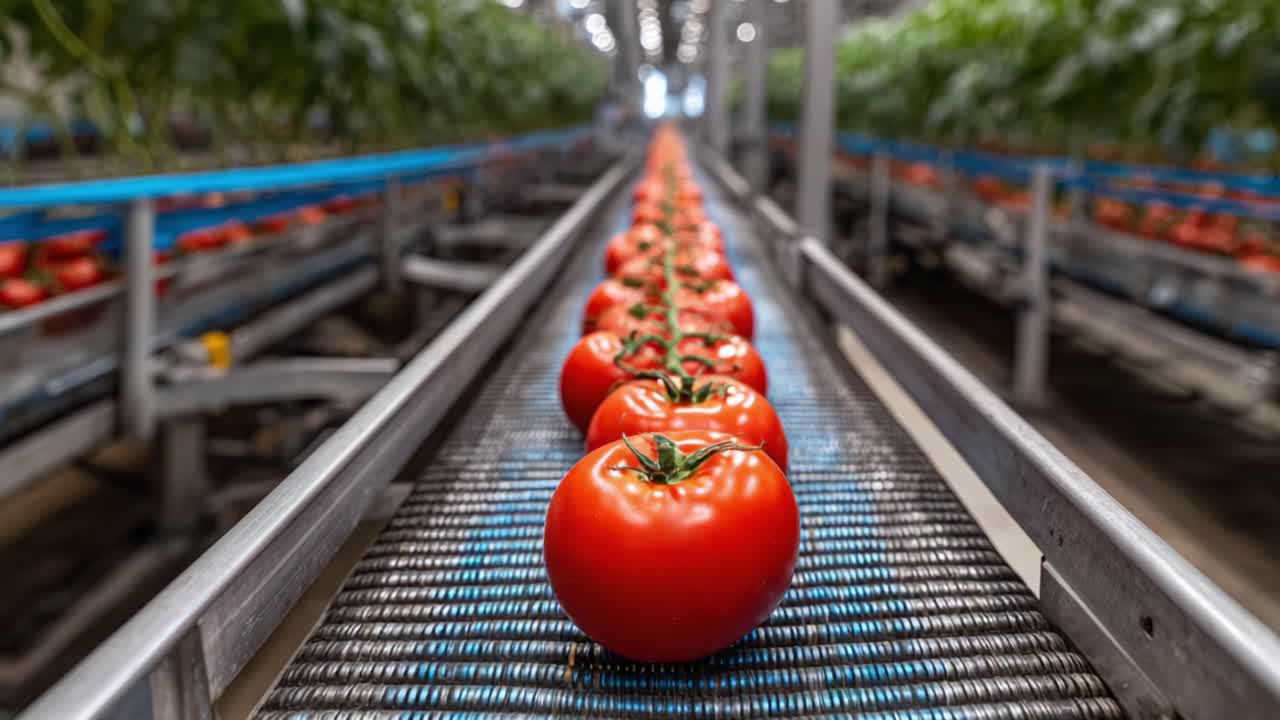 A Glimpse into Tomato Harvesting: Examining the Vibrant Red Tomatoes on a Conveyor Belt in a Greenhouse Environment from Start to Finish