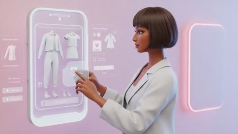 a fashion enthusiast engaging with virtual reality to explore trendy outfits and accessories, showcasing innovative user interaction and digital shopping experience