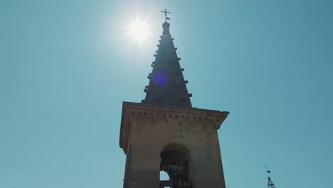 Slow-orbiting-shot-around-the-spire-of-Chateau-de-Pouzilhac-in-France