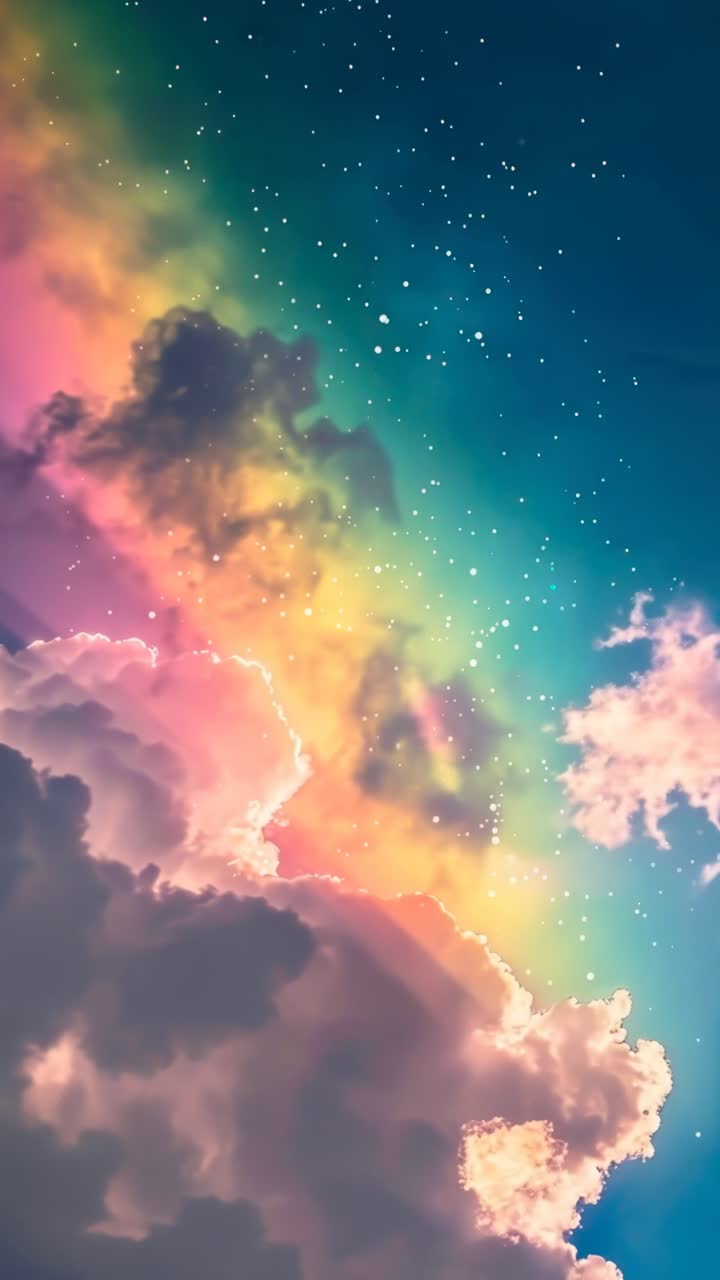 Vibrant rainbow and clouds from a low angle, creating a dreamy, cinematic video backdrop