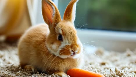 un pequeño conejo marrón sentado en una alfombra junto a una zanahoria