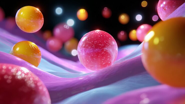 Una scena astratta vivace e colorata che mostra sfere lucide di varie dimensioni e tonalità, fluttuanti sopra una superficie liscia e ondulata, illuminate da luci soffici e scintillanti che creano un'atmosfera da sogno