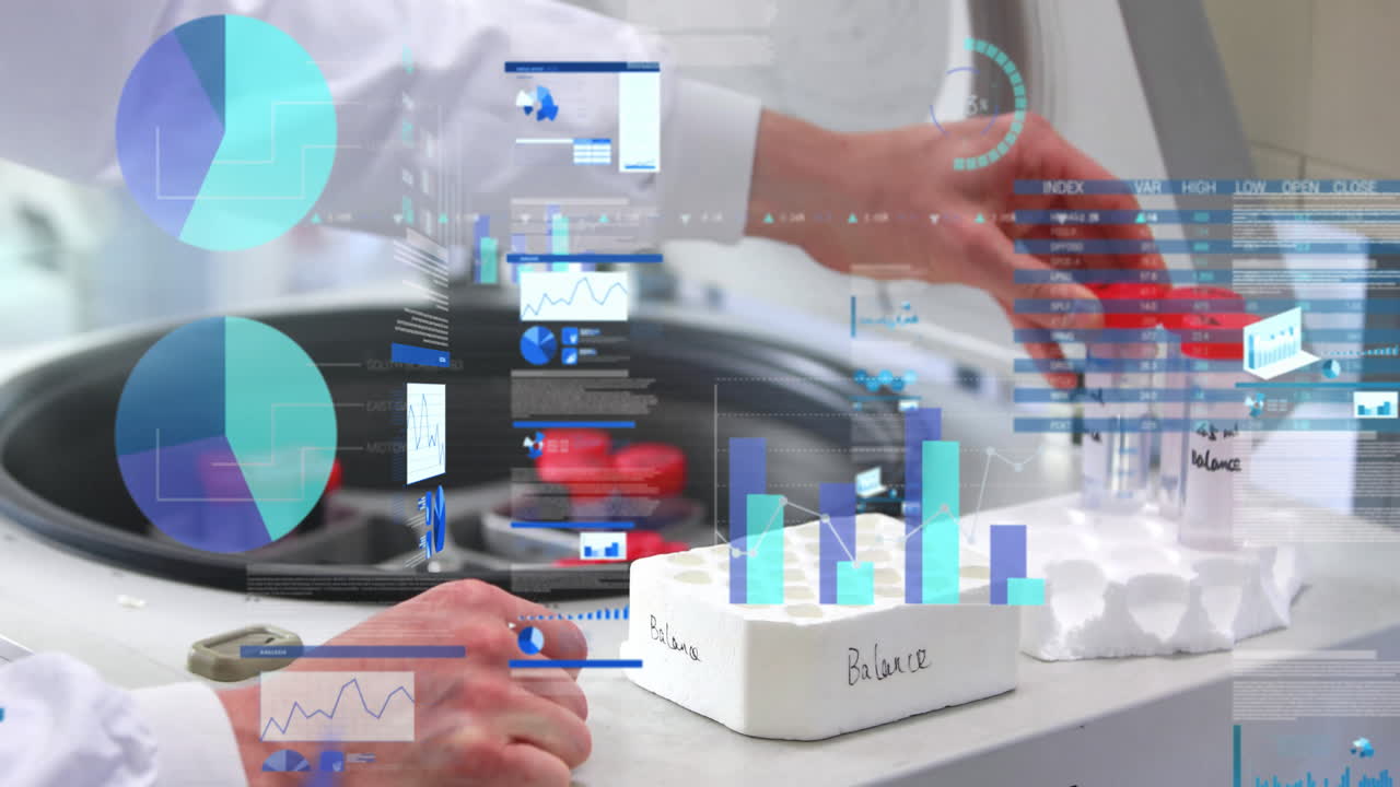 Data analytics being visualized in 3D lab scene, showing centrifuge, test tubes, digital overlays