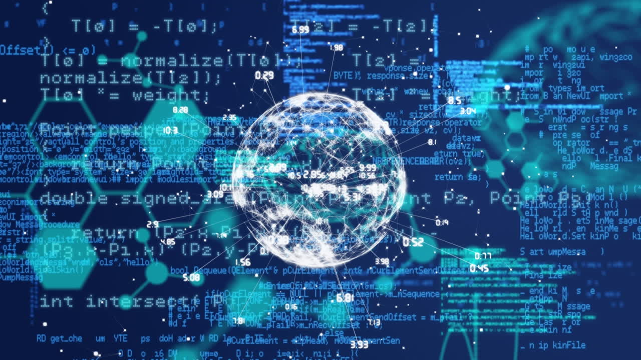 Animation of chemical formulas over globe with connections and data on navy background