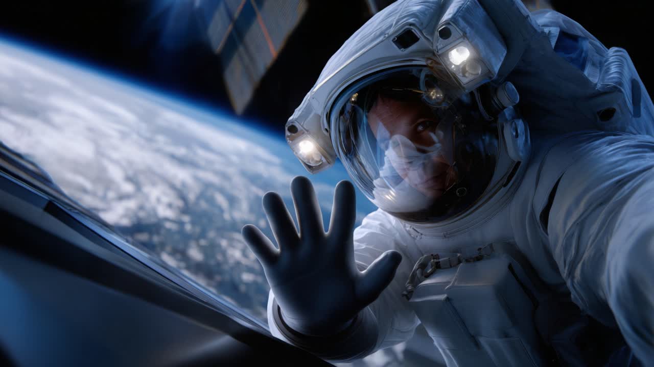 An astronaut floating in space waves towards the camera, showcasing Earth's stunning view below, embodying the wonder and exploration of the cosmos