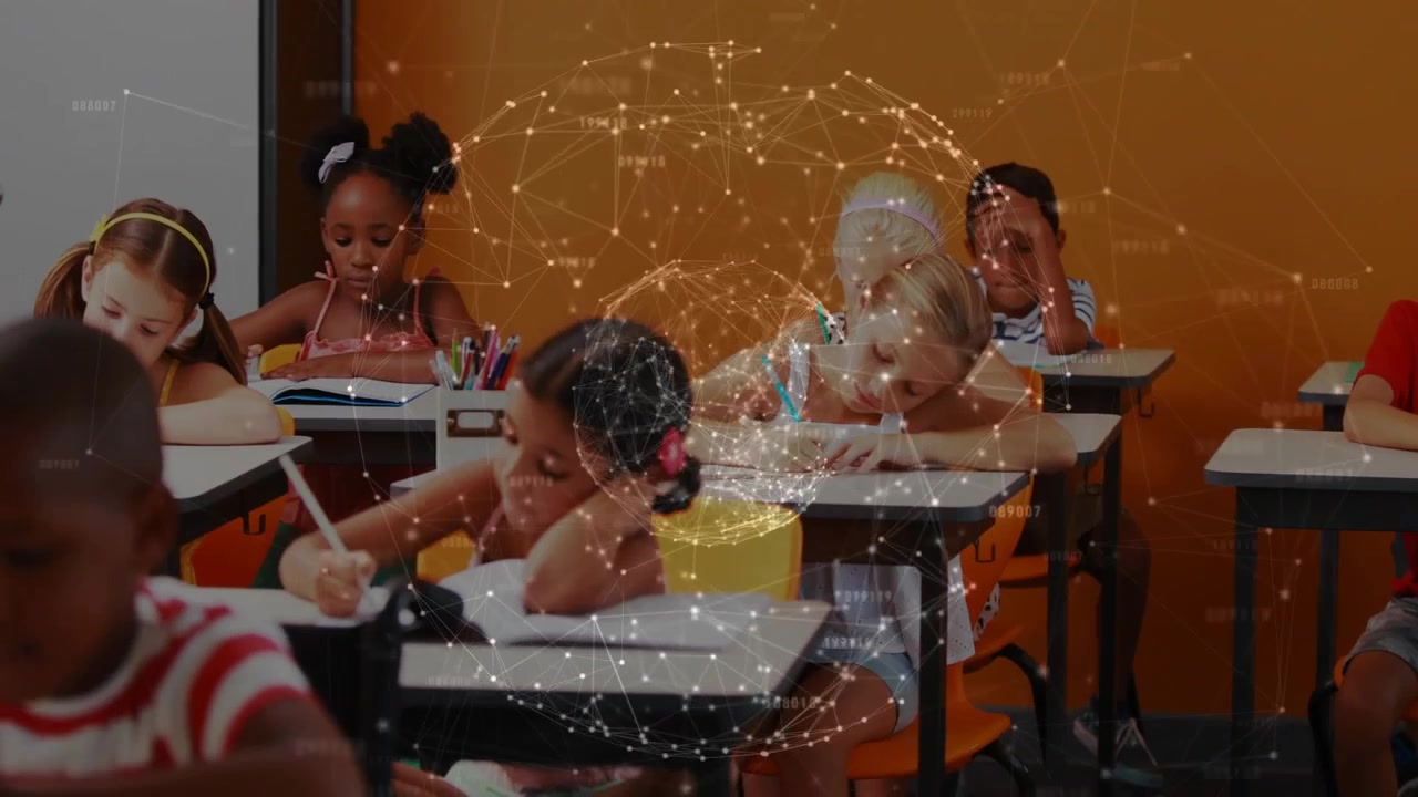 Students writing after teacher cue in classroom, animated globe overlay showing network nodes