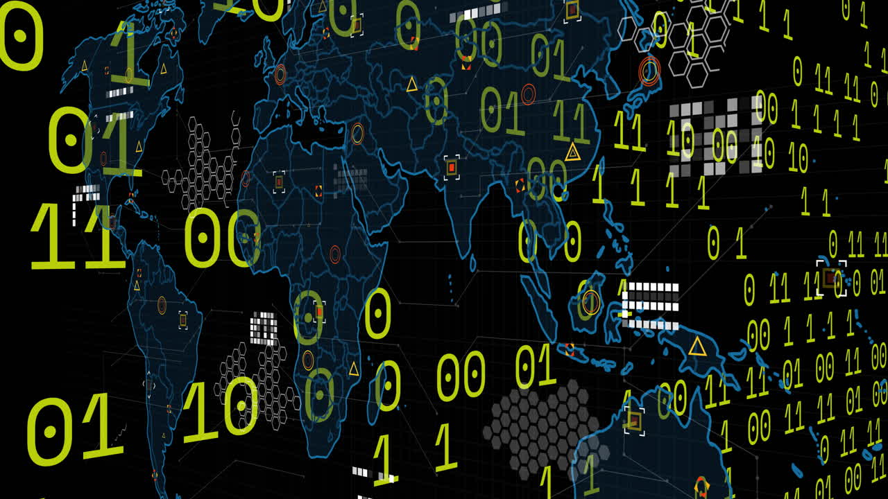 animación de codificación binaria, procesamiento de datos sobre el mapa del mundo en fondo negro