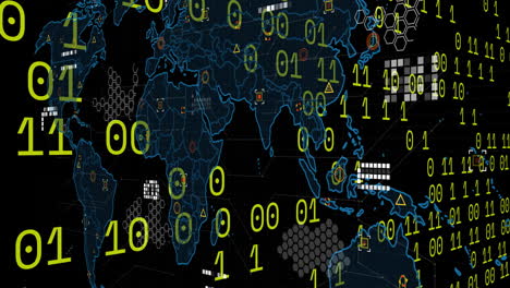 Animación-De-Codificación-Binaria,-Procesamiento-De-Datos-Sobre-Mapa-Mundial-Sobre-Fondo-Negro