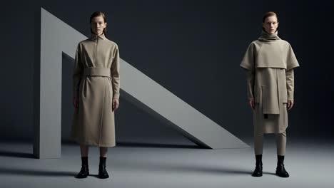 contemporary fashion showcase featuring two models in minimalist earth-toned attire against a geometric background with dramatic lighting