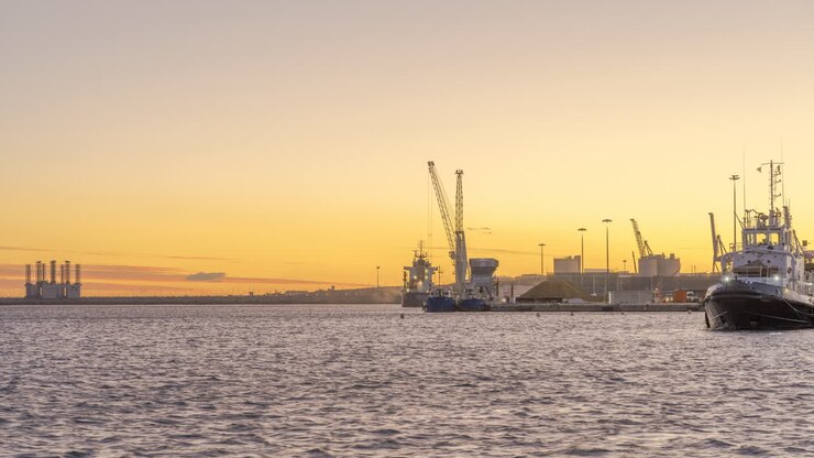Industrial Crane working at Harbour loading ship Sunset Timelapse 4K