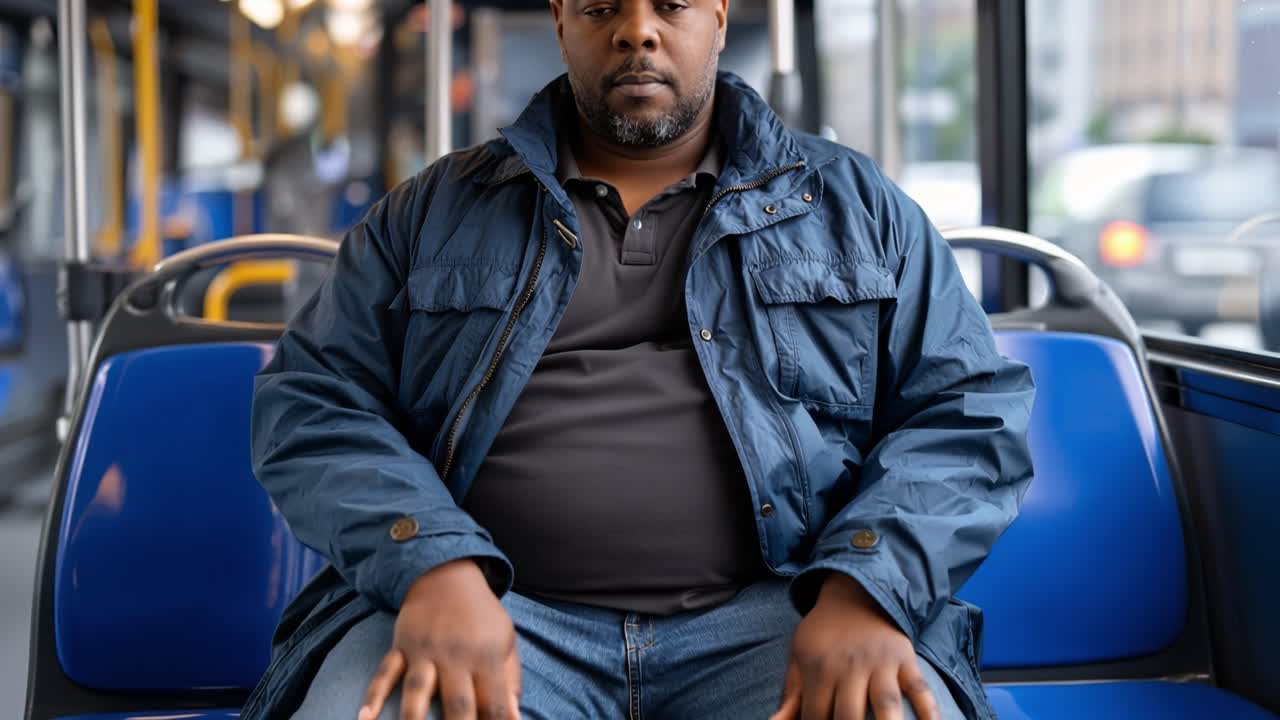 Man sitter på buss, tittar direkt in i kameran. Han bär jacka och mörk skjorta. Bussens interiör har blå säten och fönster. Passageraren verkar lugn och fundersam