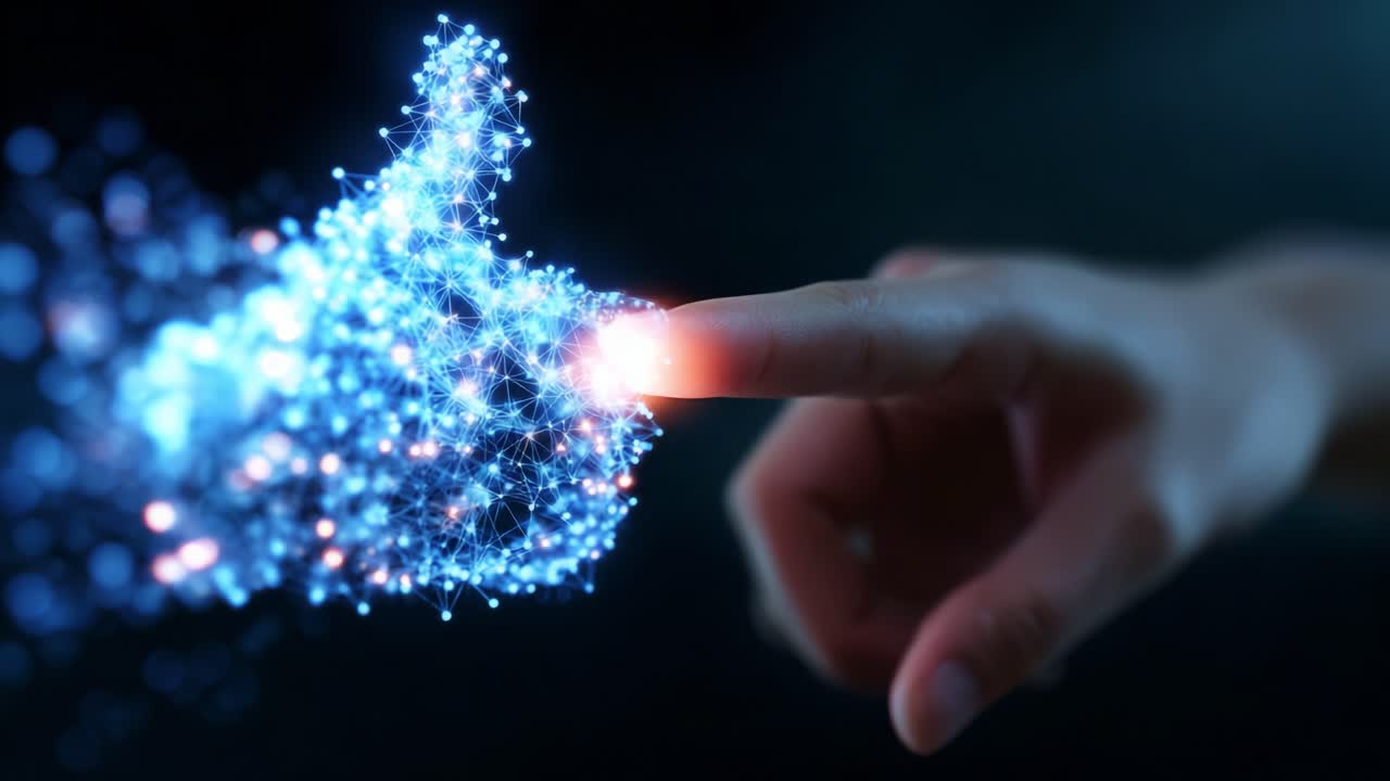 A digital representation of a hand reaching out to touch a glowing thumbs-up symbol, symbolizing approval, connection, and affirmation in an increasingly virtual world