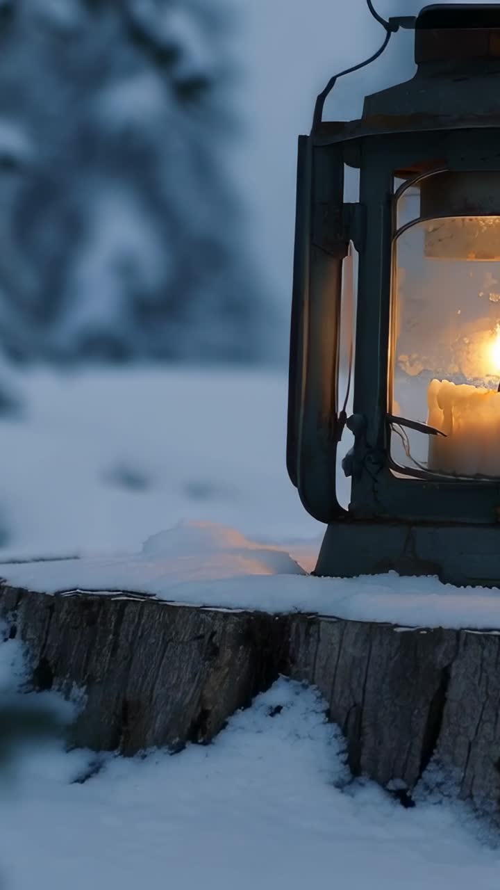 Video verticale: zoom della camera che mostra una lanterna con una candela accesa su un ceppo innevato, che proietta una luce calda