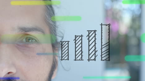 bar chart animation over close-up of man''s face with colorful lines