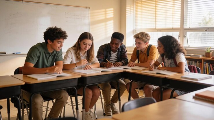 Left student speaking and gesturing, classmates initiating writing and pointing in class notebooks