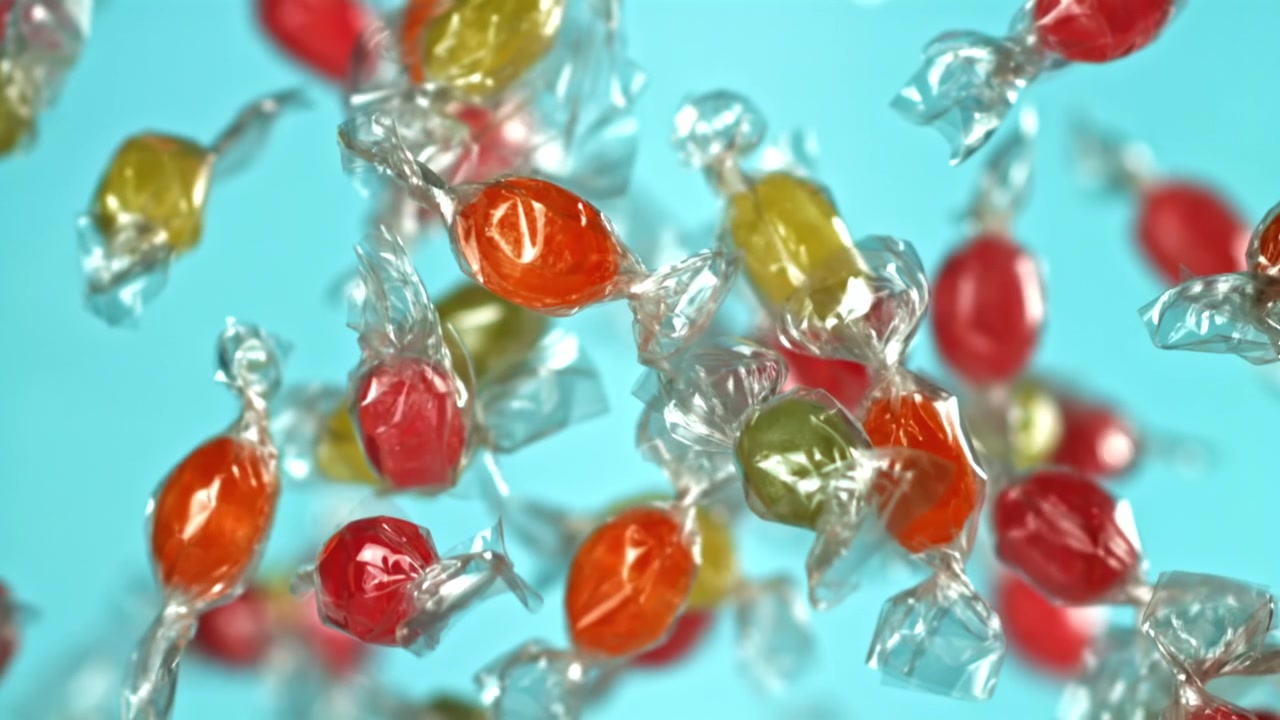 Caramelle colorate incartate che cadono al rallentatore su sfondo blu