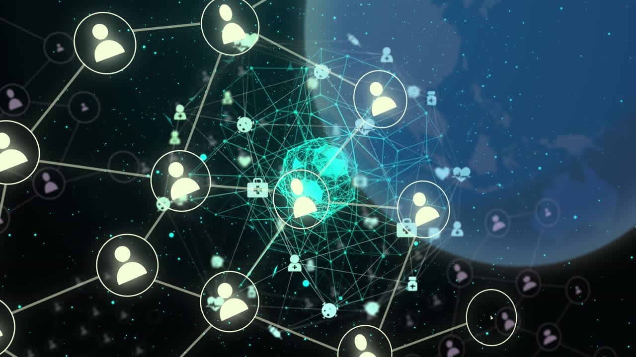 연결된 아이콘과 점의 애니메이션으로 검은 바탕에 파란색 지구 위에 지구를 형성합니다.