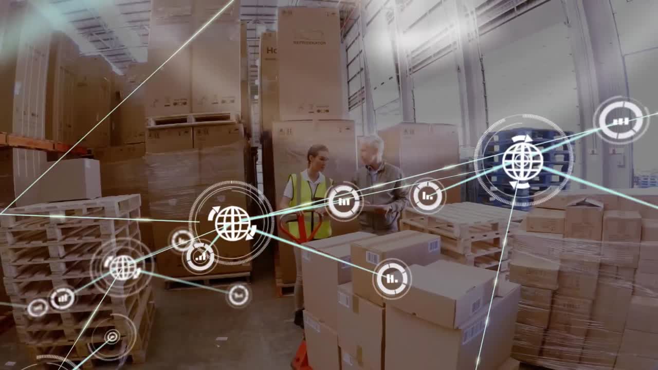 animación de las conexiones de red con iconos de globo y estadísticas