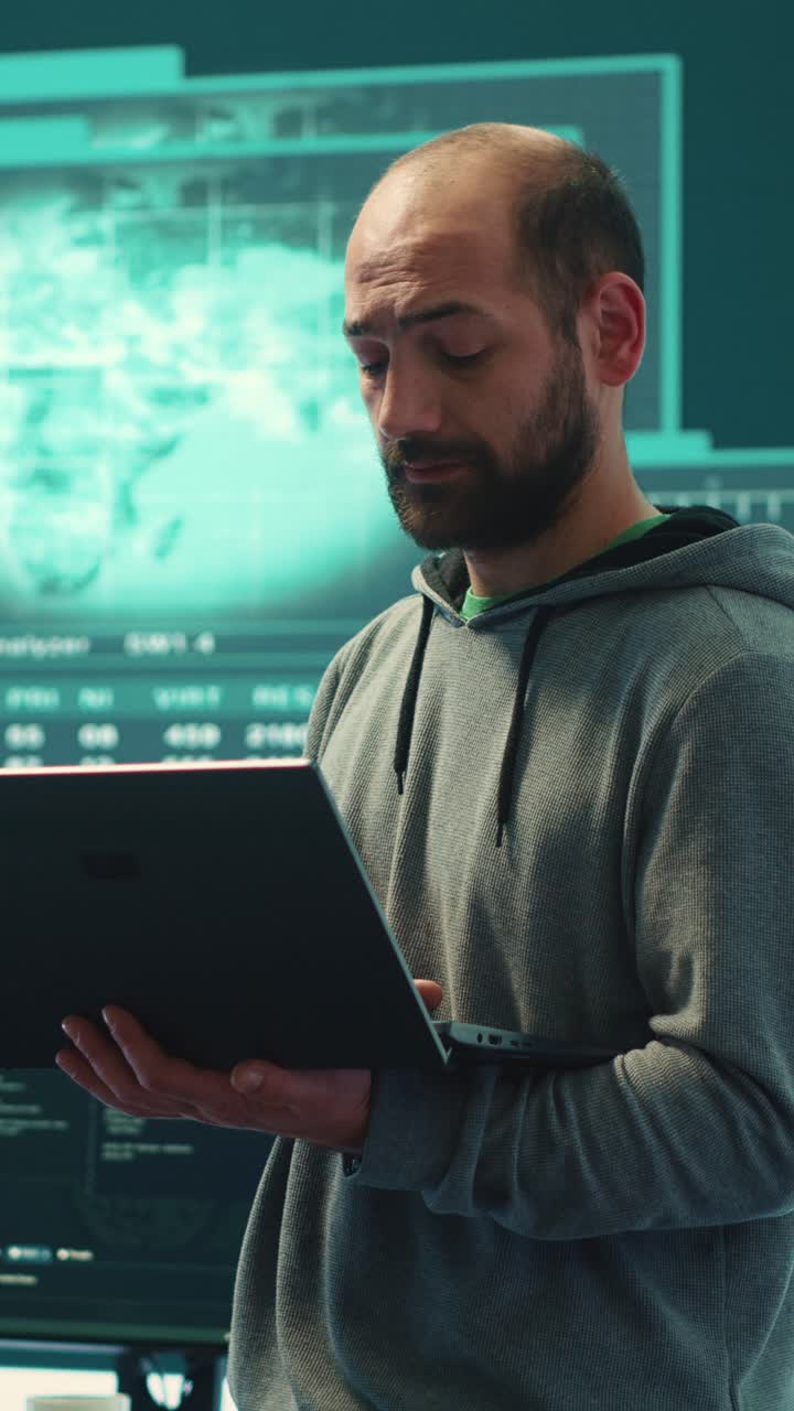 Focused Man Using Laptop in High-Tech Control Room