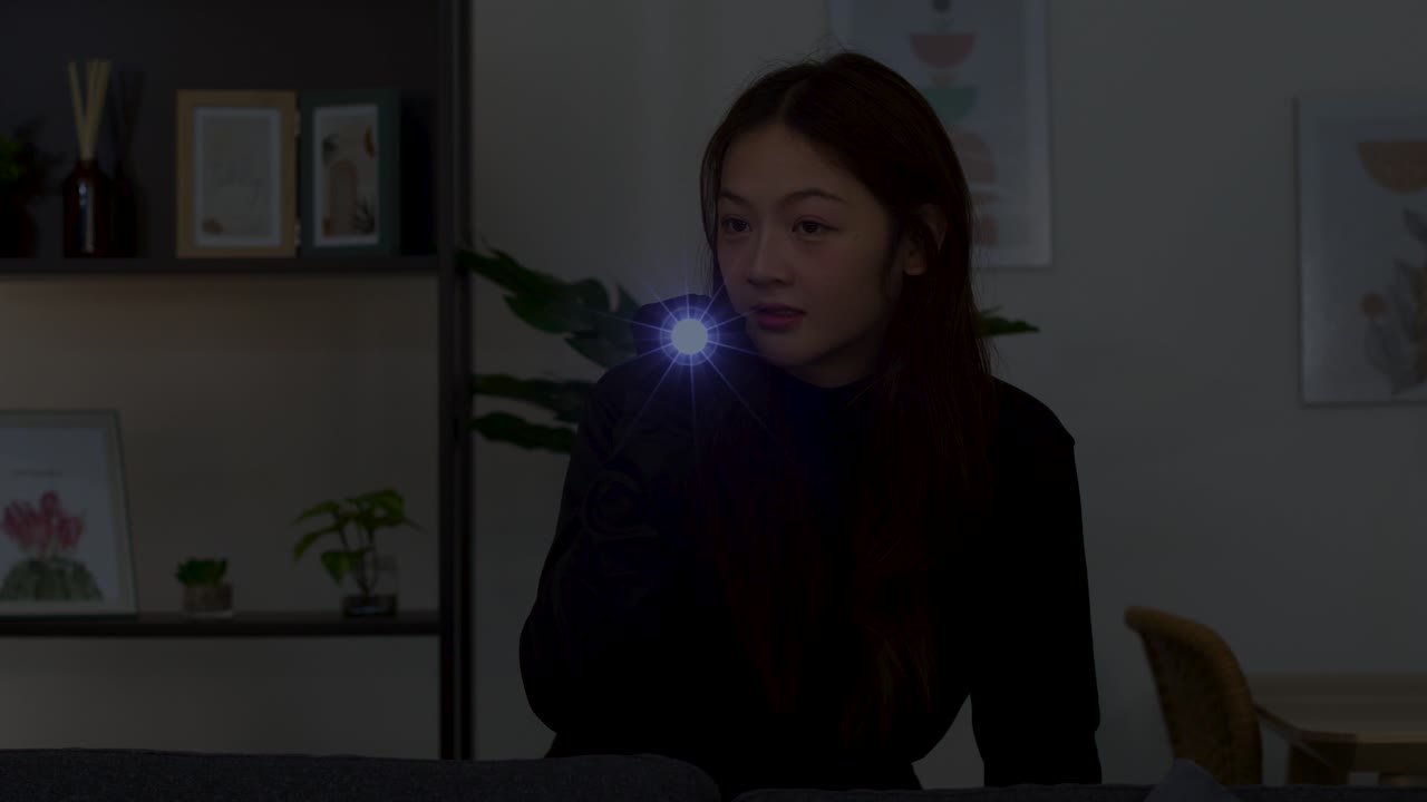 黒い服を着た女性が懐中電灯を使って暗いリビングルームをこっそり通り抜ける