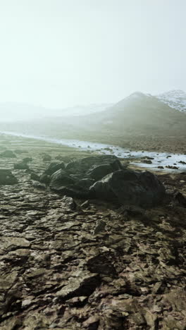 a desolate landscape with snow-capped mountains in the background