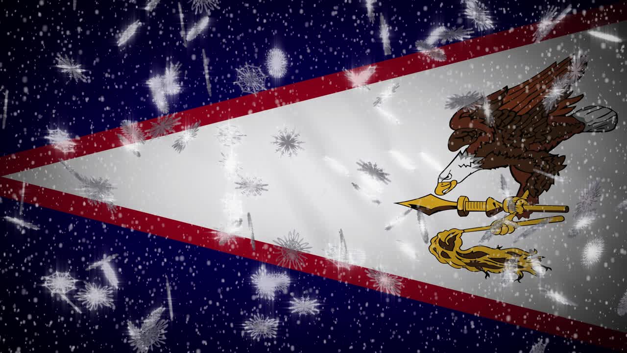 American Samoa flag falling snow loopable, New Year and Christmas background, loop