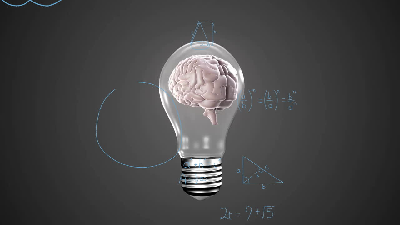 Animation of light bulb with brain over woman's hand and mathematical data processing